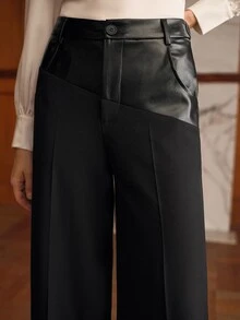 MOTF PREMIUM WOMEN FASHION CONTRAST PU LEATHER SEAM FRONT WIDE LEG SUIT PANTS - Black - View 2