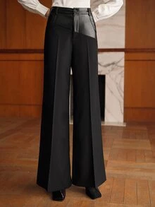 MOTF PREMIUM WOMEN FASHION CONTRAST PU LEATHER SEAM FRONT WIDE LEG SUIT PANTS - Black - View 3