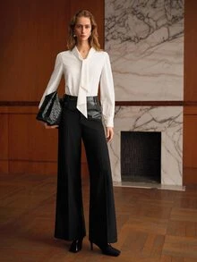 MOTF PREMIUM WOMEN FASHION CONTRAST PU LEATHER SEAM FRONT WIDE LEG SUIT PANTS - Black - View 5