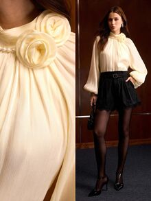 MOTF WOMEN'S SPRING/AUTUMN ELEGANT SOLID COLOR 3D FLORAL DECOR STAND COLLAR LANTERN SLEEVE FOLD PLEATED BLOUSE - Apricot - View 9