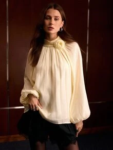 MOTF WOMEN'S SPRING/AUTUMN ELEGANT SOLID COLOR 3D FLORAL DECOR STAND COLLAR LANTERN SLEEVE FOLD PLEATED BLOUSE - Apricot - View 5