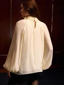 MOTF WOMEN'S SPRING/AUTUMN ELEGANT SOLID COLOR 3D FLORAL DECOR STAND COLLAR LANTERN SLEEVE FOLD PLEATED BLOUSE - Apricot - View 4