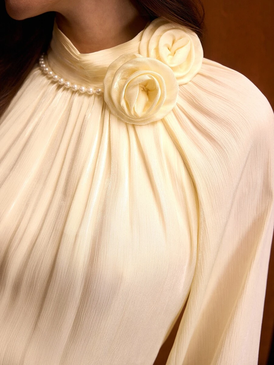 MOTF WOMEN'S SPRING/AUTUMN ELEGANT SOLID COLOR 3D FLORAL DECOR STAND COLLAR LANTERN SLEEVE FOLD PLEATED BLOUSE
