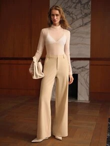 MOTF PREMIUM WOMEN'S MINIMALIST VERSATILE SOLID COLOR LOOSE WIDE LEG SUIT PANTS FOR OFFICE COMMUTE - Khaki - View 5