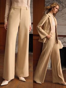 MOTF PREMIUM WOMEN'S MINIMALIST VERSATILE SOLID COLOR LOOSE WIDE LEG SUIT PANTS FOR OFFICE COMMUTE - Khaki - View 8