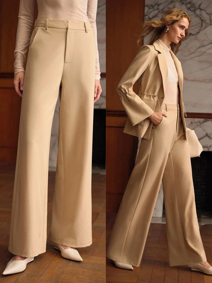 MOTF PREMIUM WOMEN'S MINIMALIST VERSATILE SOLID COLOR LOOSE WIDE LEG SUIT PANTS FOR OFFICE COMMUTE - Khaki - View 1