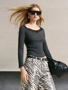 MOTF PREMIUM WOMEN'S DARK GRAY CONTRAST LACE LONG SLEEVE FITTED CROPPED T-SHIRT - Grey - View 6