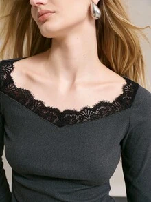 MOTF PREMIUM WOMEN'S DARK GRAY CONTRAST LACE LONG SLEEVE FITTED CROPPED T-SHIRT - Grey - View 2