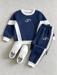 Genkimix Kids 2件組小男孩休閒運動學院風街頭可愛酷帥衛衣＋長褲套裝，適合日常穿著、上學、外出、運動，春秋季節適用，為男孩提供多種搭配選擇，增加服裝組合多樣性，整體設計簡約優雅，舒適時尚 - 藏蓝色 - 查看 2