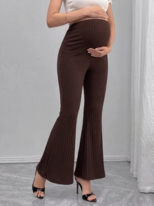 SHEIN 孕婦棕色休閒寬鬆趣味日常喇叭褲 秋季感恩節拍照用 - 棕色 - 查看 14
