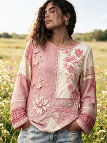 Selamara Women Casual Floral Patchwork T Shirt Print Long Sleeve Top Retro Lace Graphic Vintage Boho - Multicolor - View 2