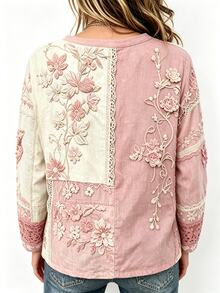 Selamara Women Casual Floral Patchwork T Shirt Print Long Sleeve Top Retro Lace Graphic Vintage Boho - Multicolor - View 3