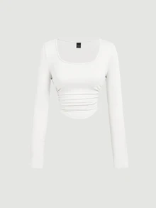SHEIN MOD 4件套女士褶皱休闲方领长袖T恤套装，保暖衣物，秋季，外出上衣，假日，新年 - 彩色 - 查看 5