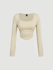 SHEIN MOD 4件套女士褶皱休闲方领长袖T恤套装，保暖衣物，秋季，外出上衣，假日，新年 - 彩色 - 查看 7