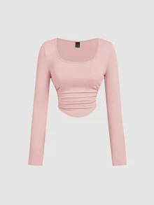 SHEIN MOD 4件套女士褶皱休闲方领长袖T恤套装，保暖衣物，秋季，外出上衣，假日，新年 - 彩色 - 查看 9