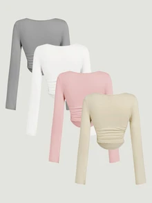 SHEIN MOD 4件套女士褶皱休闲方领长袖T恤套装，保暖衣物，秋季，外出上衣，假日，新年 - 彩色 - 查看 2