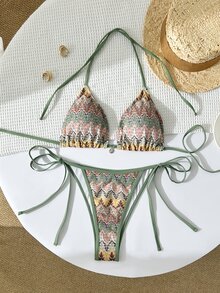 Swim Chiccia 2 Potong Set Pakaian Renang Wanita, Hijau, Musim Panas, Boho, Pantai, Liburan, Kain Rajut Daun Warna-warni, Dekorasi Kerang Perak, Setelan Bikini Segitiga Halter dengan Tali Serut - MultiWarna - View 4