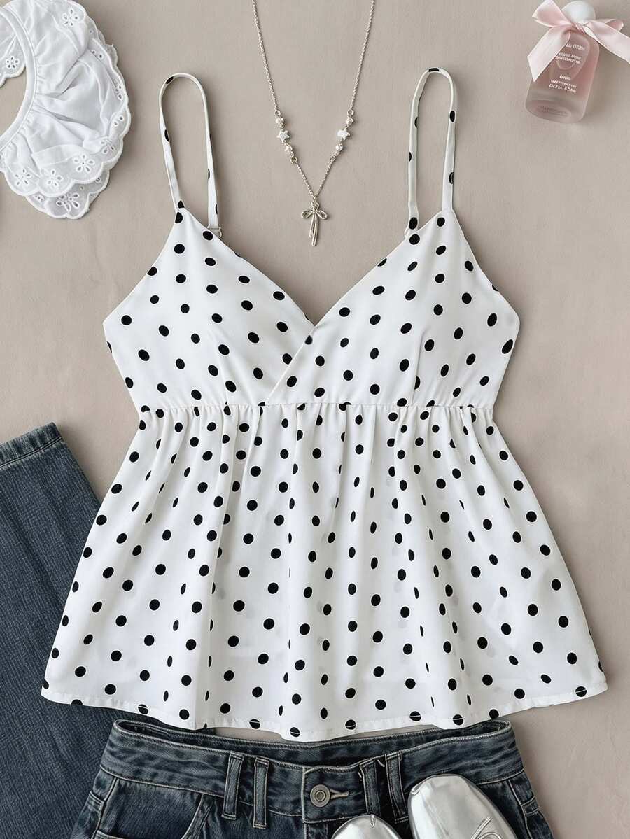 SHEIN Tween Girls Tank Tops, Spring/Summer New Casual Vacation Polka Dot V-Neck Spaghetti Strap Tank Top - White - View 1