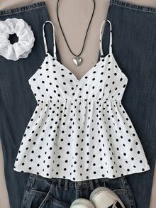 SHEIN Tween Girls Tank Tops, Spring/Summer New Casual Vacation Polka Dot V-Neck Spaghetti Strap Tank Top - White - View 2