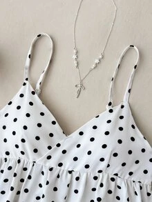 SHEIN Tween Girls Tank Tops, Spring/Summer New Casual Vacation Polka Dot V-Neck Spaghetti Strap Tank Top - White - View 3