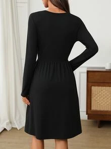 EMERY ROSE Women's Solid Color Round Neck Long Sleeve Casual Short Dress - Black - View 2
