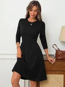 EMERY ROSE Women's Solid Color Round Neck Long Sleeve Casual Short Dress - Black - View 7