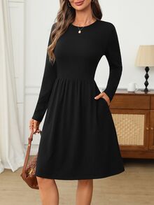 EMERY ROSE Women's Solid Color Round Neck Long Sleeve Casual Short Dress - Black - View 5