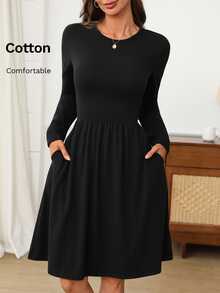 EMERY ROSE Women's Solid Color Round Neck Long Sleeve Casual Short Dress - Black - View 3