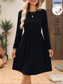 EMERY ROSE Women's Solid Color Round Neck Long Sleeve Casual Short Dress - Black - View 1
