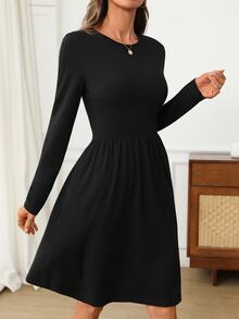 EMERY ROSE Women's Solid Color Round Neck Long Sleeve Casual Short Dress - Black - View 8