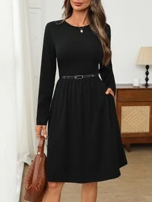 EMERY ROSE Women's Solid Color Round Neck Long Sleeve Casual Short Dress - Black - View 4