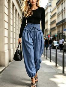 SHEIN Franclia Women's Blue Ruffle Waist Drawstring Denim Look Harem Pants, Loose Trousers For Spring Fall Daily Ca - Blue - View 7