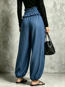 SHEIN Franclia Women's Blue Ruffle Waist Drawstring Denim Look Harem Pants, Loose Trousers For Spring Fall Daily Ca - Blue - View 2