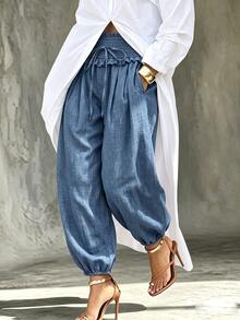 SHEIN Franclia Women's Blue Ruffle Waist Drawstring Denim Look Harem Pants, Loose Trousers For Spring Fall Daily Ca - Blue - View 3