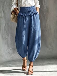 SHEIN Franclia Women's Blue Ruffle Waist Drawstring Denim Look Harem Pants, Loose Trousers For Spring Fall Daily Ca - Blue - View 5