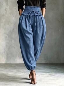 SHEIN Franclia Women's Blue Ruffle Waist Drawstring Denim Look Harem Pants, Loose Trousers For Spring Fall Daily Ca - Blue - View 4