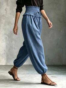 SHEIN Franclia Women's Blue Ruffle Waist Drawstring Denim Look Harem Pants, Loose Trousers For Spring Fall Daily Ca - Blue - View 6