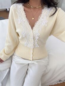 Siren Gaze 女款新款秋季蕾絲拼接V領收腰針織開襟衫 - 白色 - 查看 7