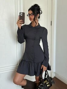 Siren Gaze Gaun Pendek Kasual Wanita Warna Polos Berlipit untuk Sehari-hari di Musim Panas - Grey - View 9