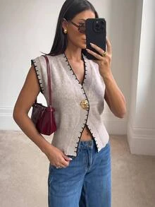 Siren Gaze Women's New Autumn Colorblock Knit Vest - Khaki - View 1