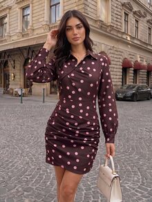 Siren Gaze Women's French Polka Dot Print Button Pleated Dress - Brown - View 10