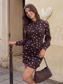 Siren Gaze Women's French Polka Dot Print Button Pleated Dress - Brown - View 7