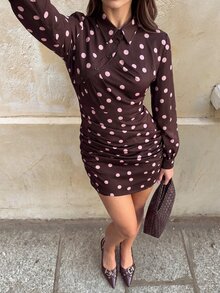 Siren Gaze Women's French Polka Dot Print Button Pleated Dress - Brown - View 4
