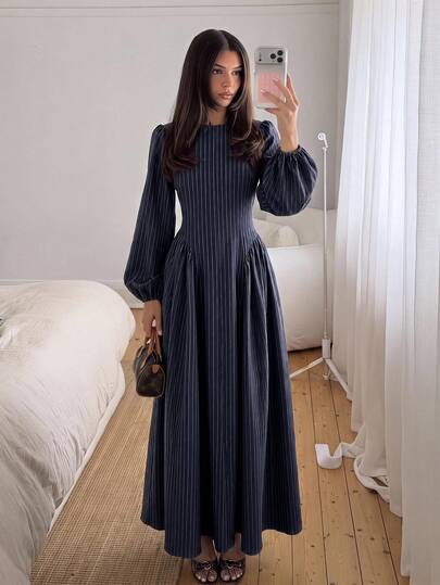 Siren Gaze Elegant French-Style Navy Striped A-Line Dress For Women, Featuring A Waist-Cinching Design And Lantern Sleeves-Perfect For The Office