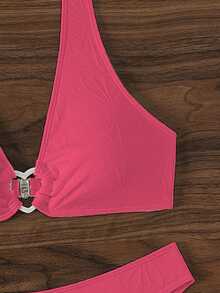 SHEIN Swim Summer Beach Women's Ruched Bikini Set With Heart Buckle Detail And Halter Neckline - Hot Pink - View 4