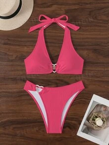 SHEIN Swim Summer Beach Women's Ruched Bikini Set With Heart Buckle Detail And Halter Neckline - Hot Pink - View 3