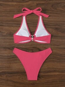 SHEIN Swim Summer Beach Women's Ruched Bikini Set With Heart Buckle Detail And Halter Neckline - Hot Pink - View 7
