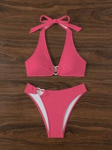 SHEIN Swim Summer Beach Women's Ruched Bikini Set With Heart Buckle Detail And Halter Neckline - Hot Pink - View 8