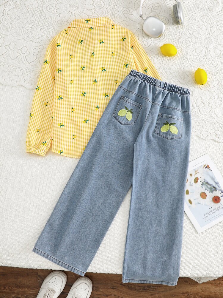 SHEIN 2-Piece Set For Tween Girls: Spring/Autumn White Powder Blue Long Sleeve Shirt Paired With Loose Jeans, Sweet Casual Cute Outfit For Daily Wear School - Yellow - View 2