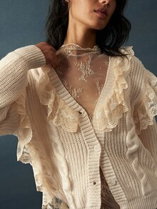 Bohemela Sweater Wanita dengan Hiasan Renda dan Rumbai, Warna Krem Putih, Gaya Musim Gugur Romantis Elegan Vintage. - Aprikot - View 3